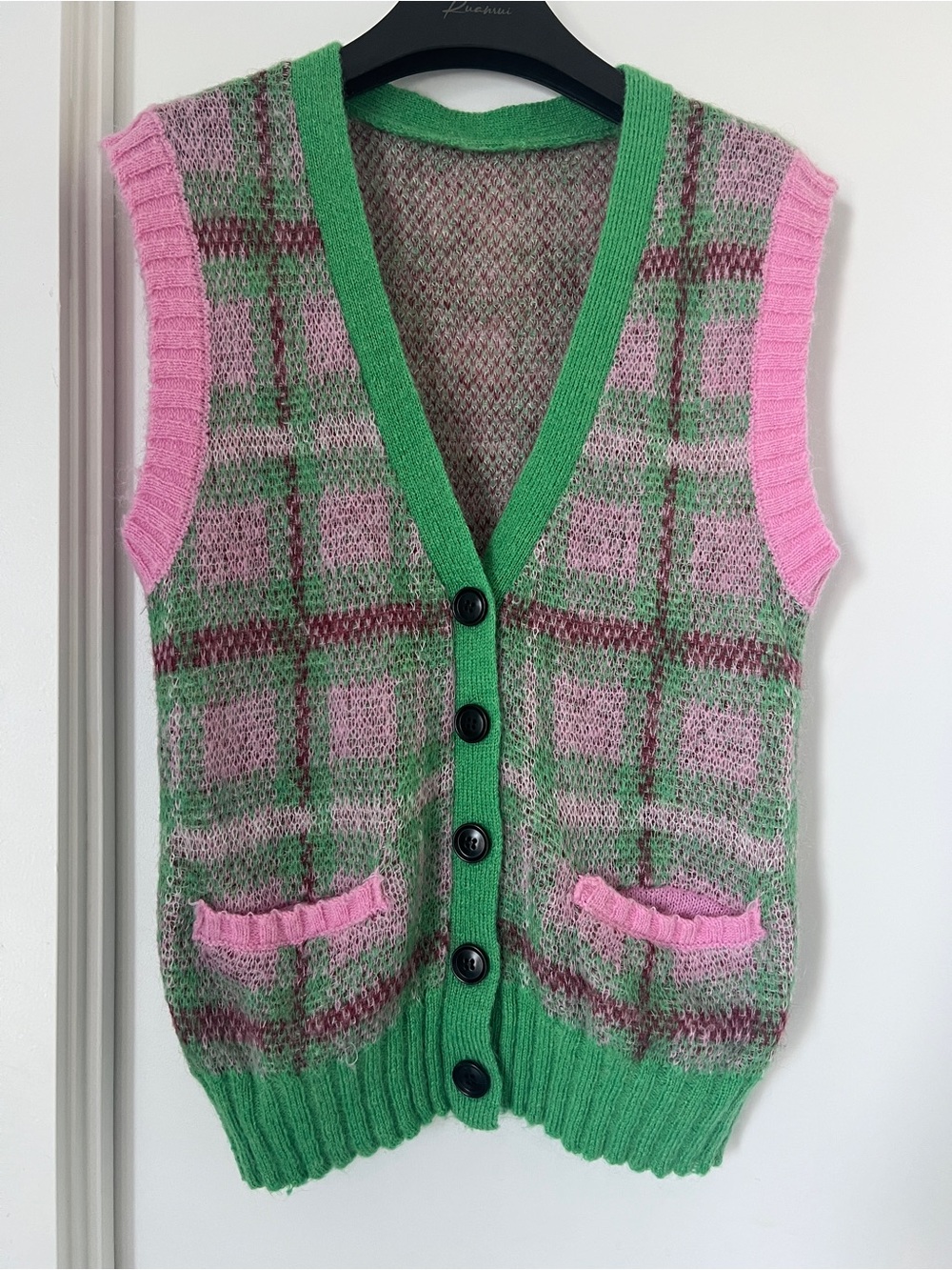 Wool Sleeveless Plaid Knit Button-Front Vest in Green & Pink